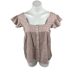 Entro Women Large Suzie Top Ruffle Sleeve Square Neck Floral Pattern NWT